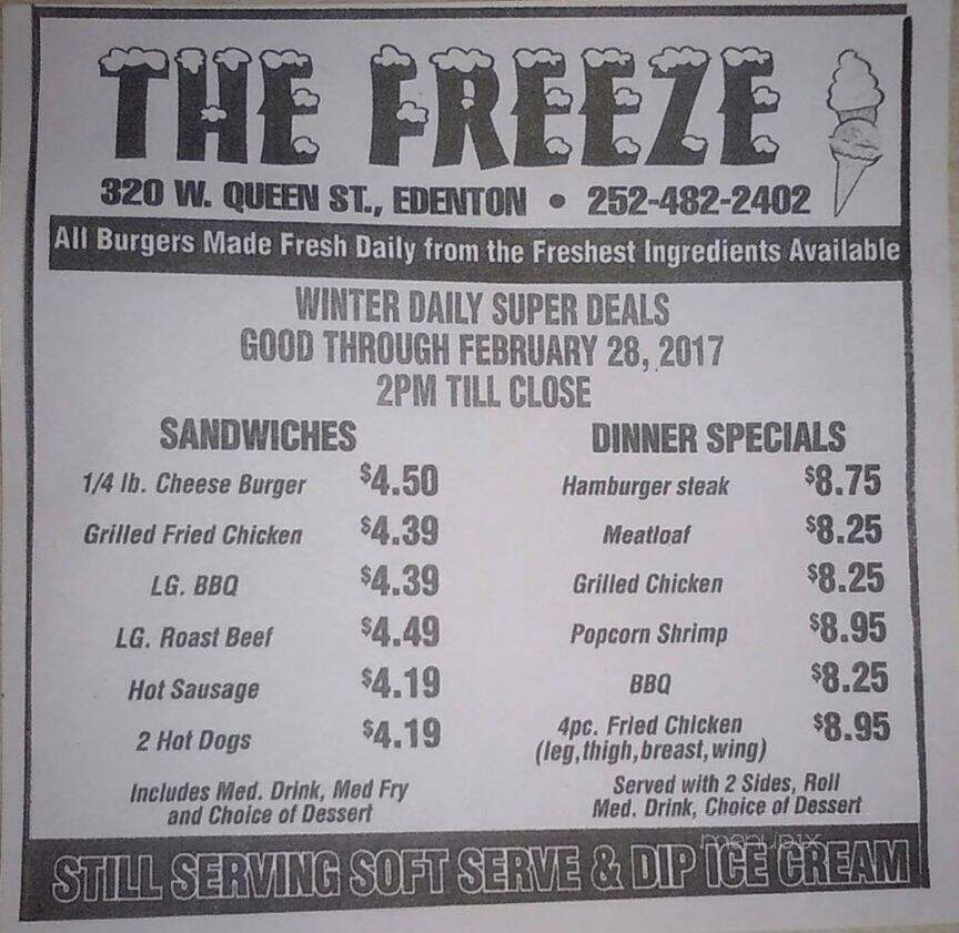 Freeze Restaurant - Edenton, NC menu_pic