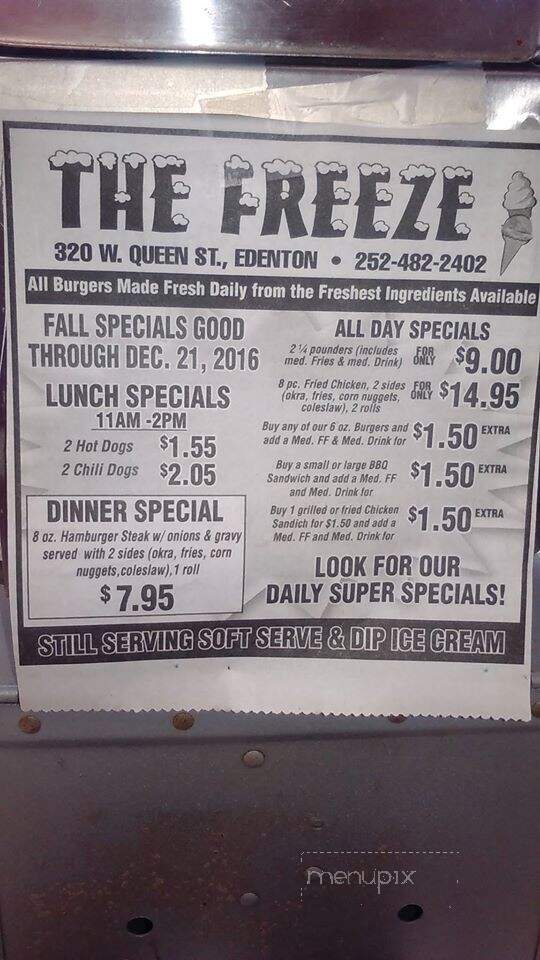 Freeze Restaurant - Edenton, NC menu_pic