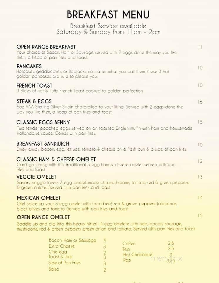 Open Range Saloon - Sylvan Lake, AB menu_pic
