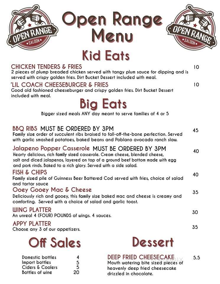 Open Range Saloon - Sylvan Lake, AB menu_pic