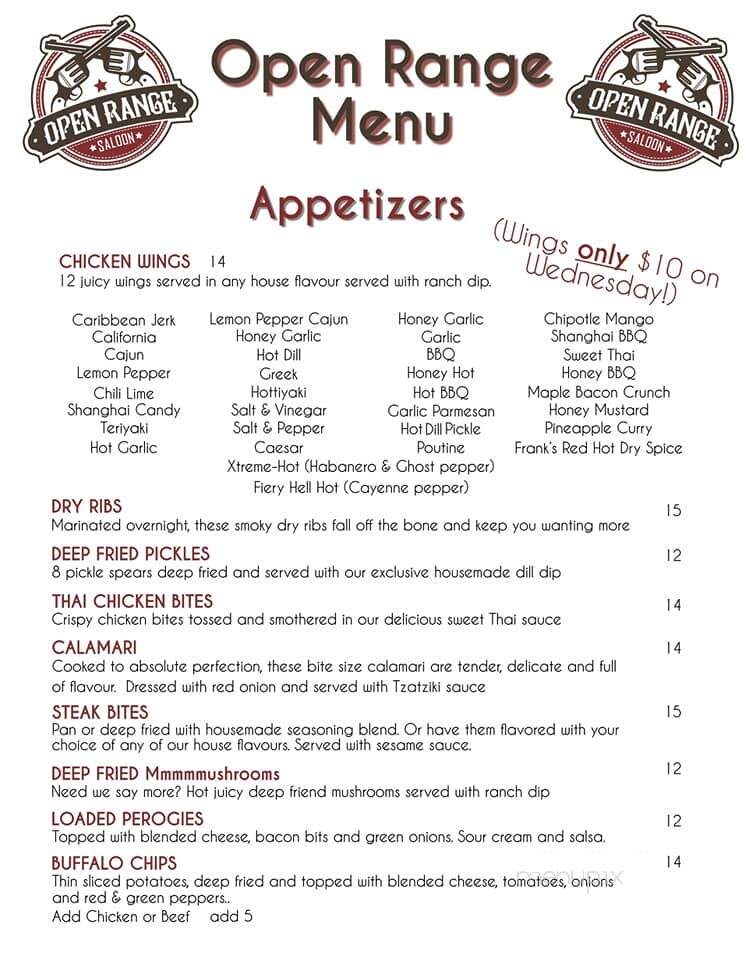 Open Range Saloon - Sylvan Lake, AB menu_pic