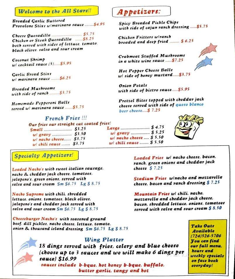 All Stars - East Brady, PA menu_pic
