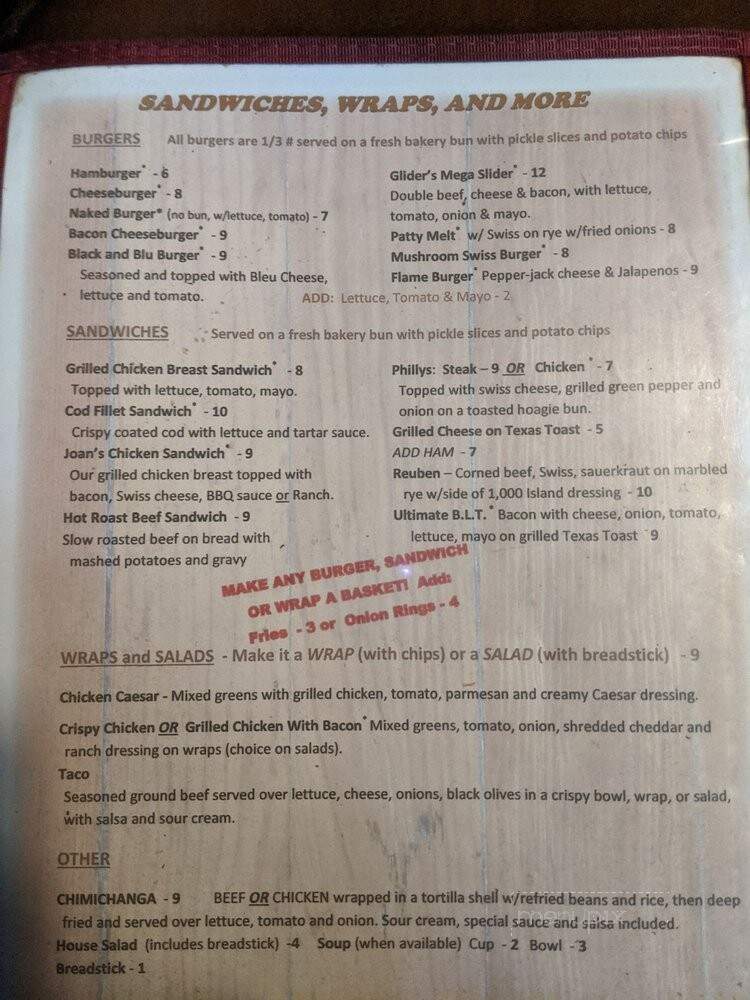 Glider's - Webb Lake, WI menu_pic