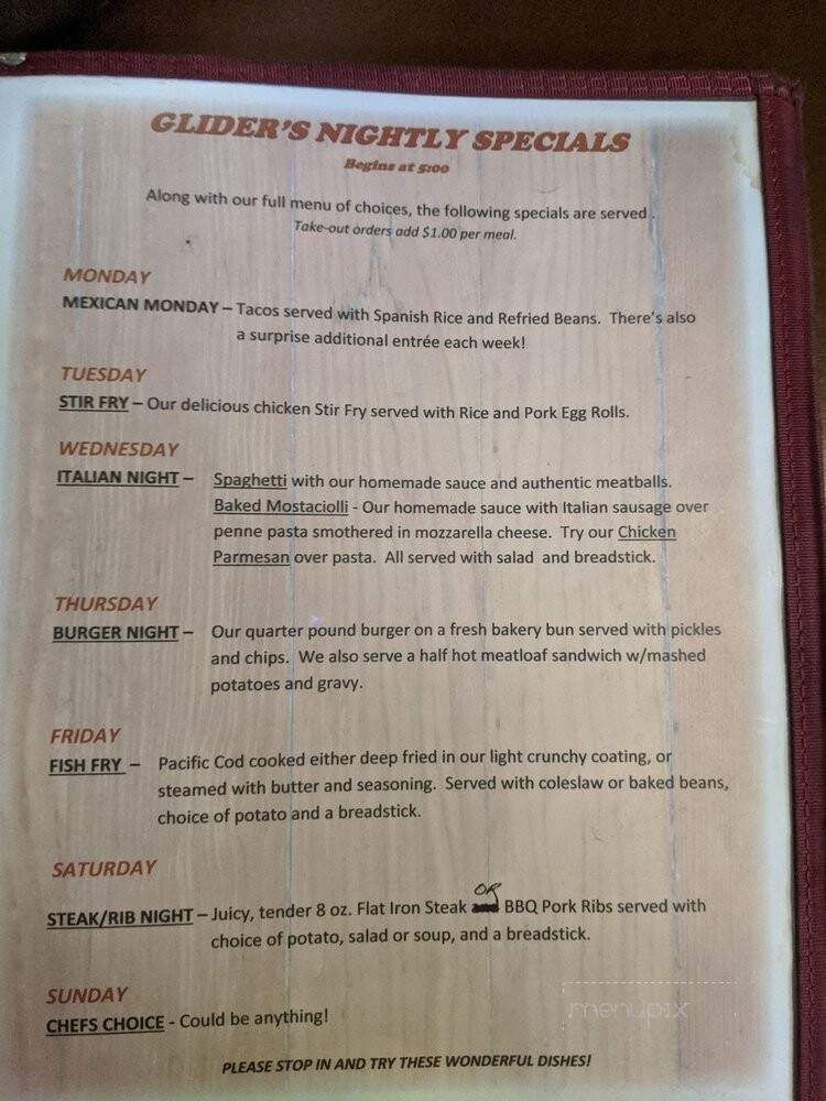 Glider's - Webb Lake, WI menu_pic