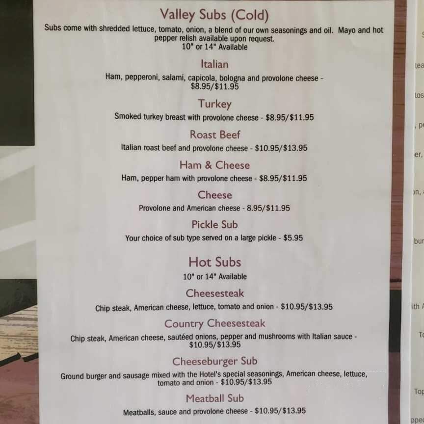 Millheim Hotel - Millheim, PA menu_pic