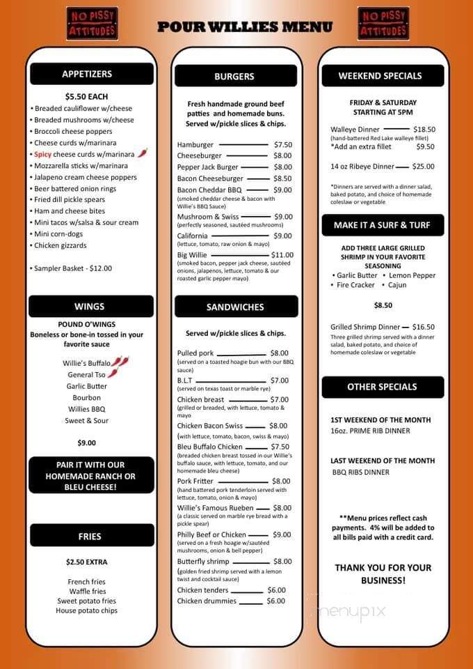Pour Willies Bar & Grill - Tenstrike, MN menu_pic