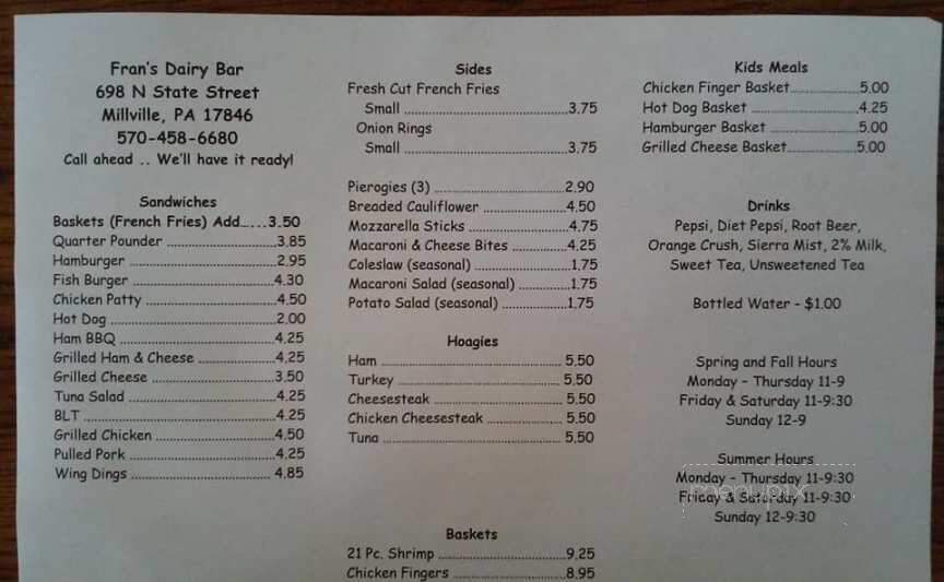 Fran's Drive In Dairy Bar - Millville, PA menu_pic