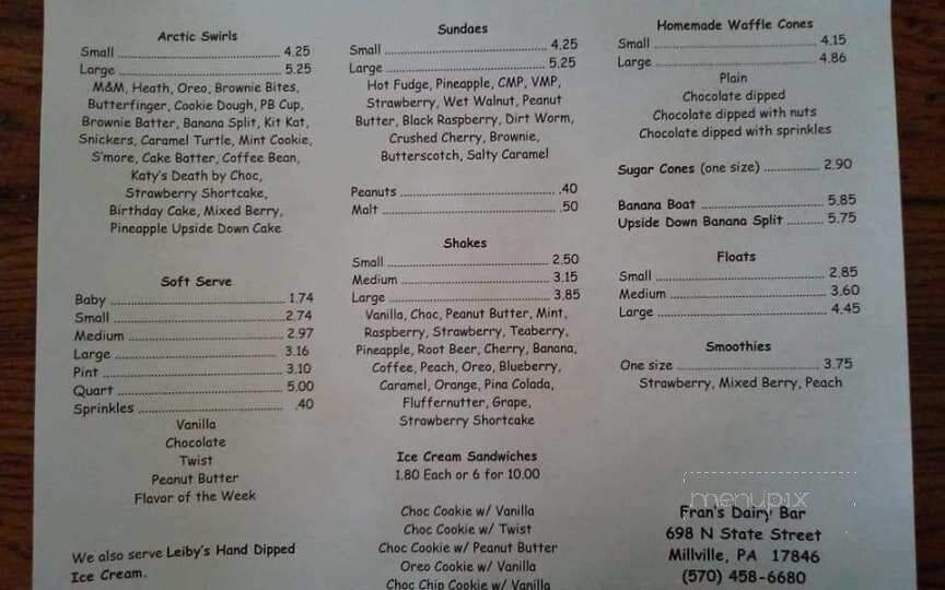 Fran's Drive In Dairy Bar - Millville, PA menu_pic