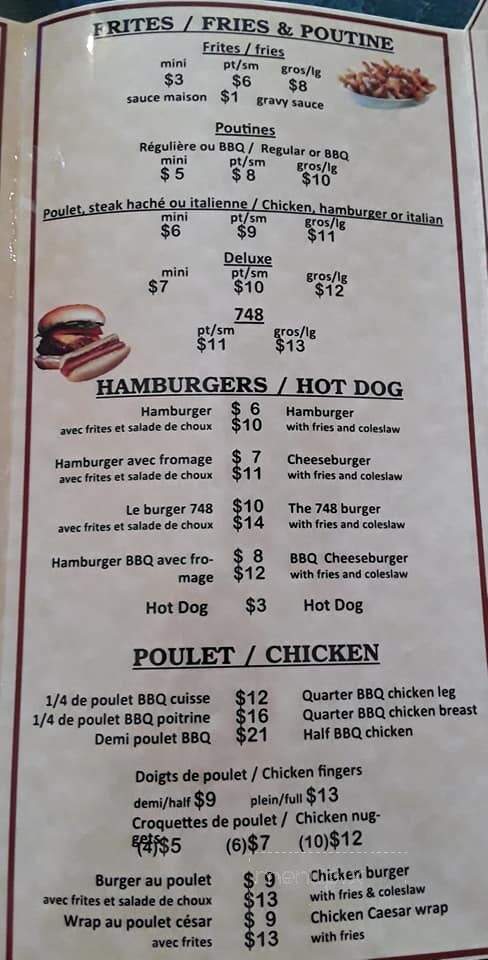 Restaurant 748 Inc - Beresford, NB menu_pic