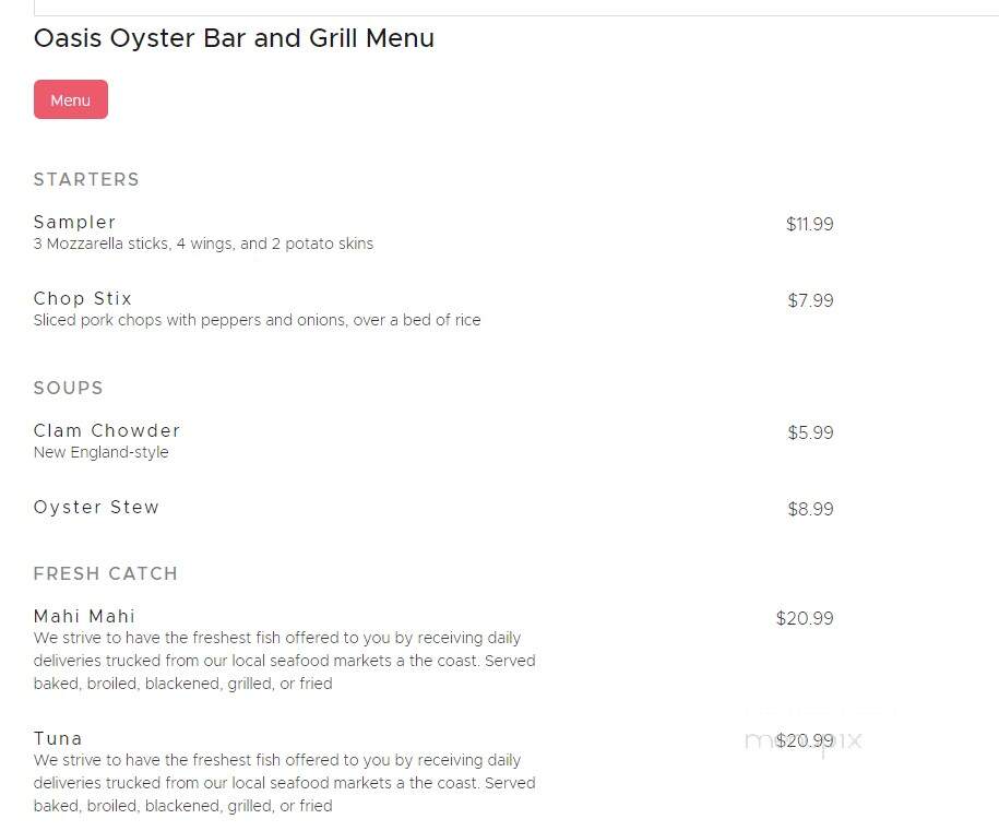 Oasis Oyster Bar & Grill - Clinton, NC menu_pic