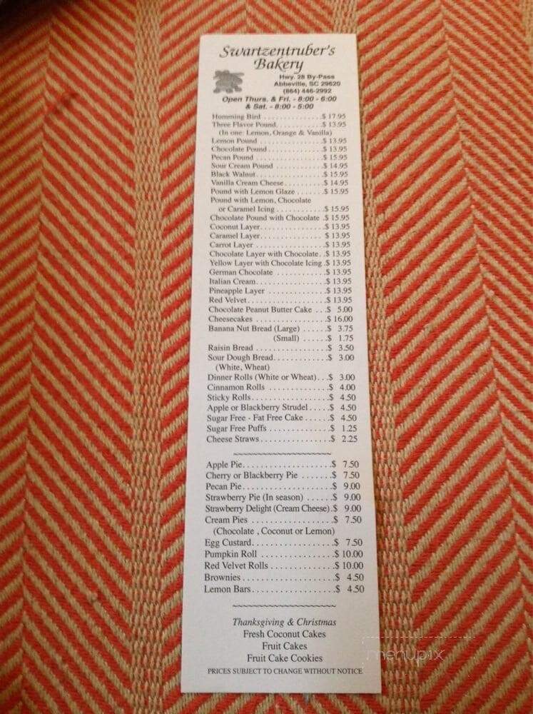 Swartzentruber's Bakery - Abbeville, SC menu_pic
