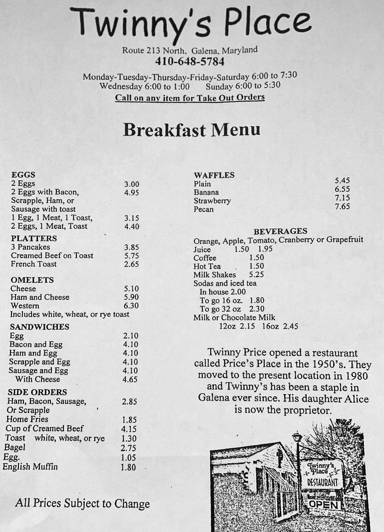Twinny's Place - Galena, MD menu_pic