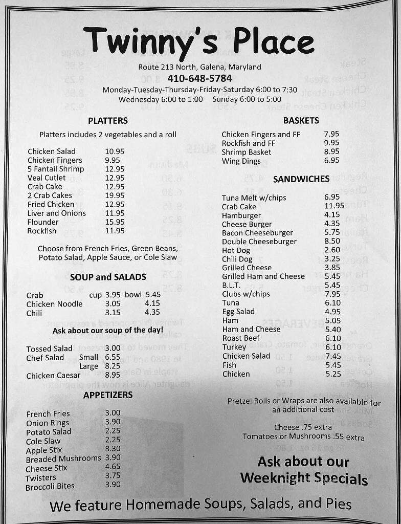 Twinny's Place - Galena, MD menu_pic