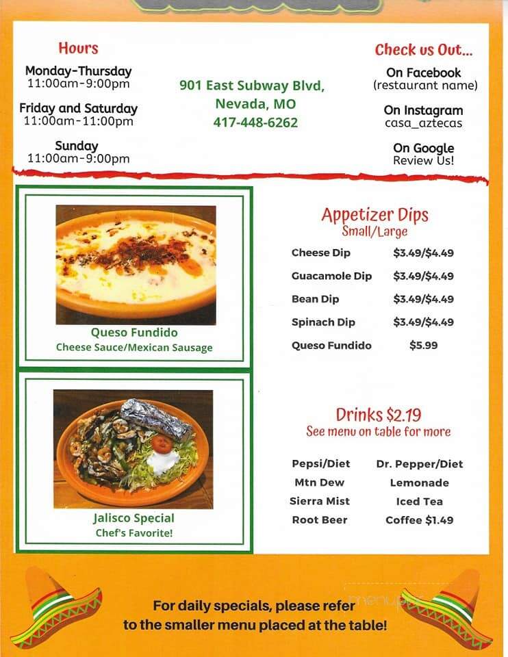 Casa Azteca Mexican Restaurant - Nevada, MO menu_pic
