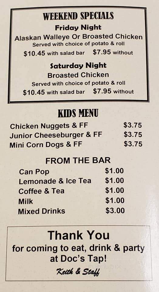 Doc's Tap - Clarksville, IA menu_pic