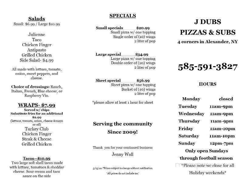 J Dub's Pizza Subs - Alexander, NY menu_pic