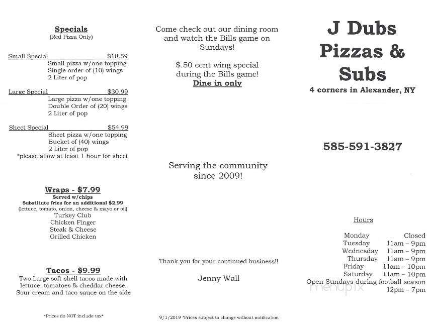J Dub's Pizza Subs - Alexander, NY menu_pic
