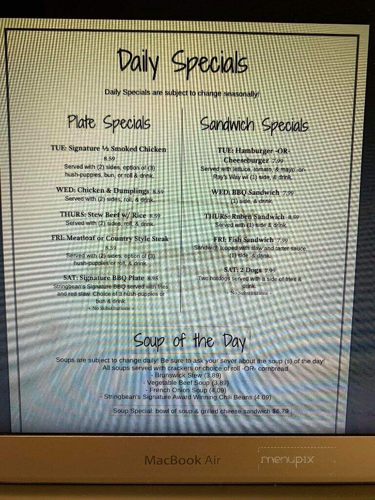 Stringbean's BBQ - China Grove, NC menu_pic