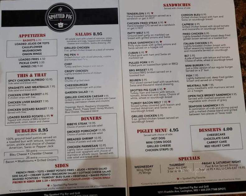Spotted Pig - Lexington, MO menu_pic