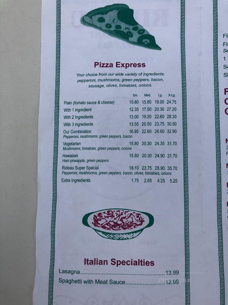 Rideau Pizzeria & Restaurant - Elgin, ON menu_pic
