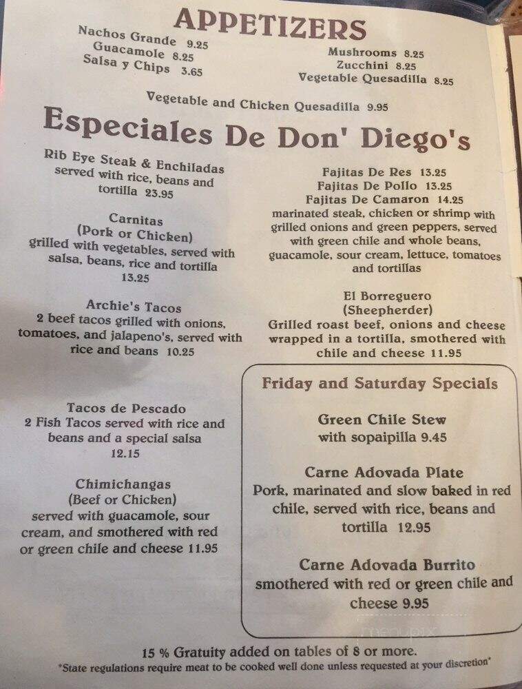 Don Diego's Restaurant - Gallup, NM menu_pic