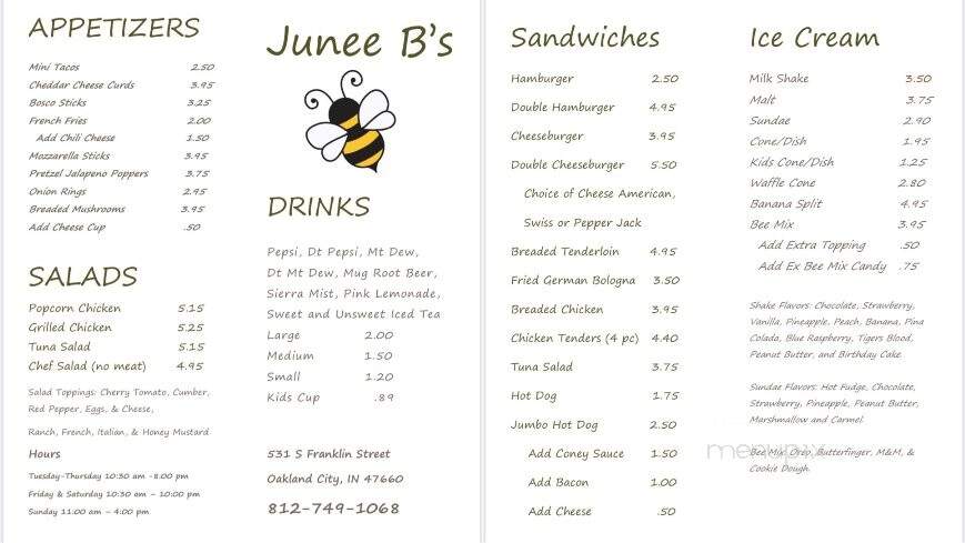Junee B's - Oakland City, IN menu_pic