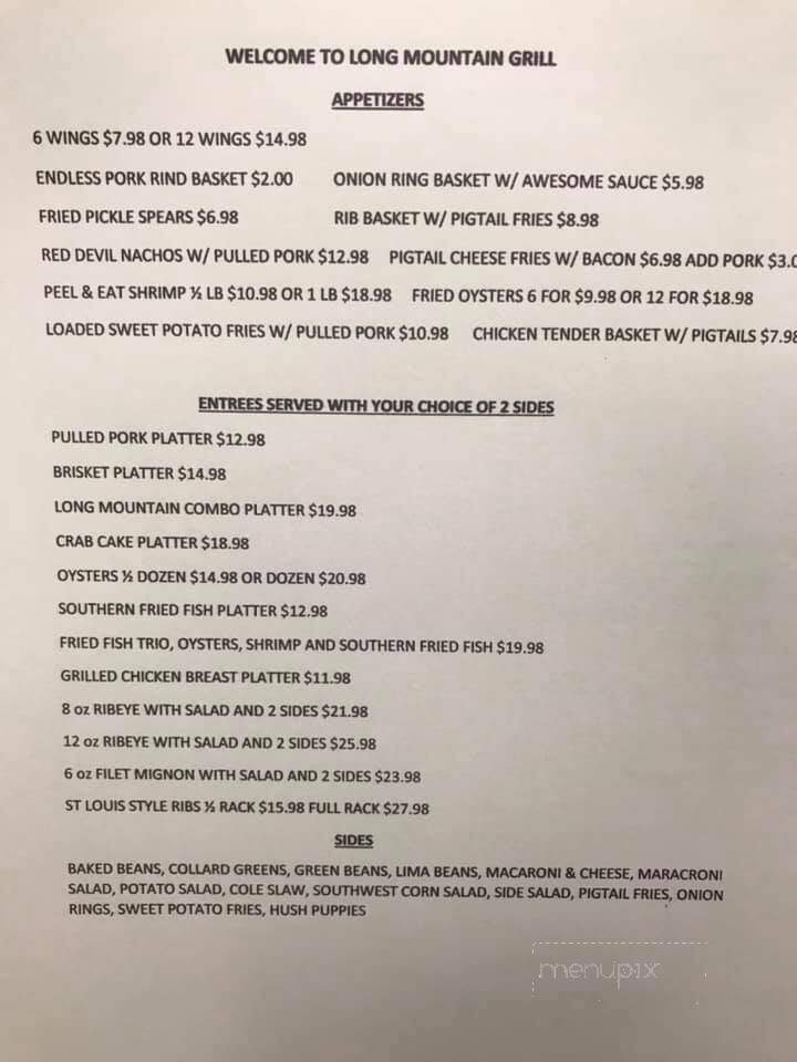 Long Mountain Grill - Rustburg, VA menu_pic