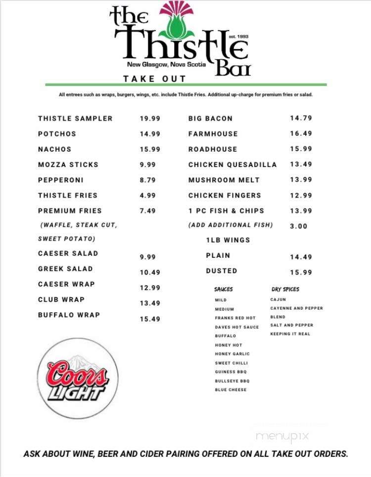 The Thistle Bar & Grill - New Glasgow, NS menu_pic