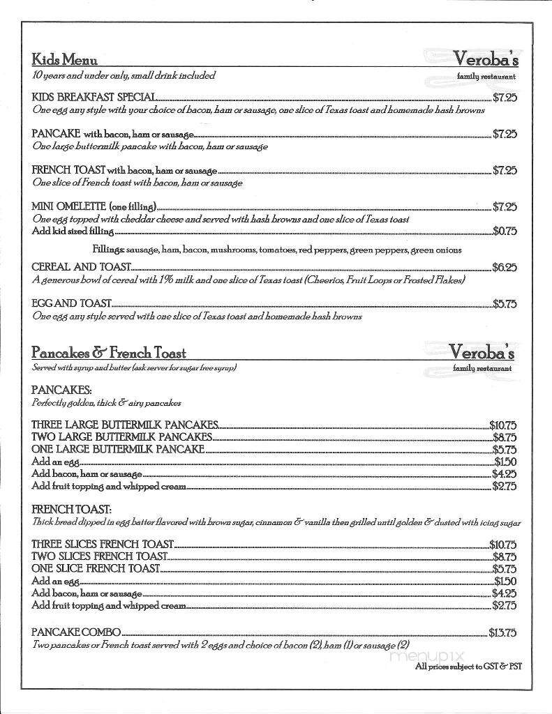 Veroba's Family Restaurant - Moose Jaw, SK menu_pic