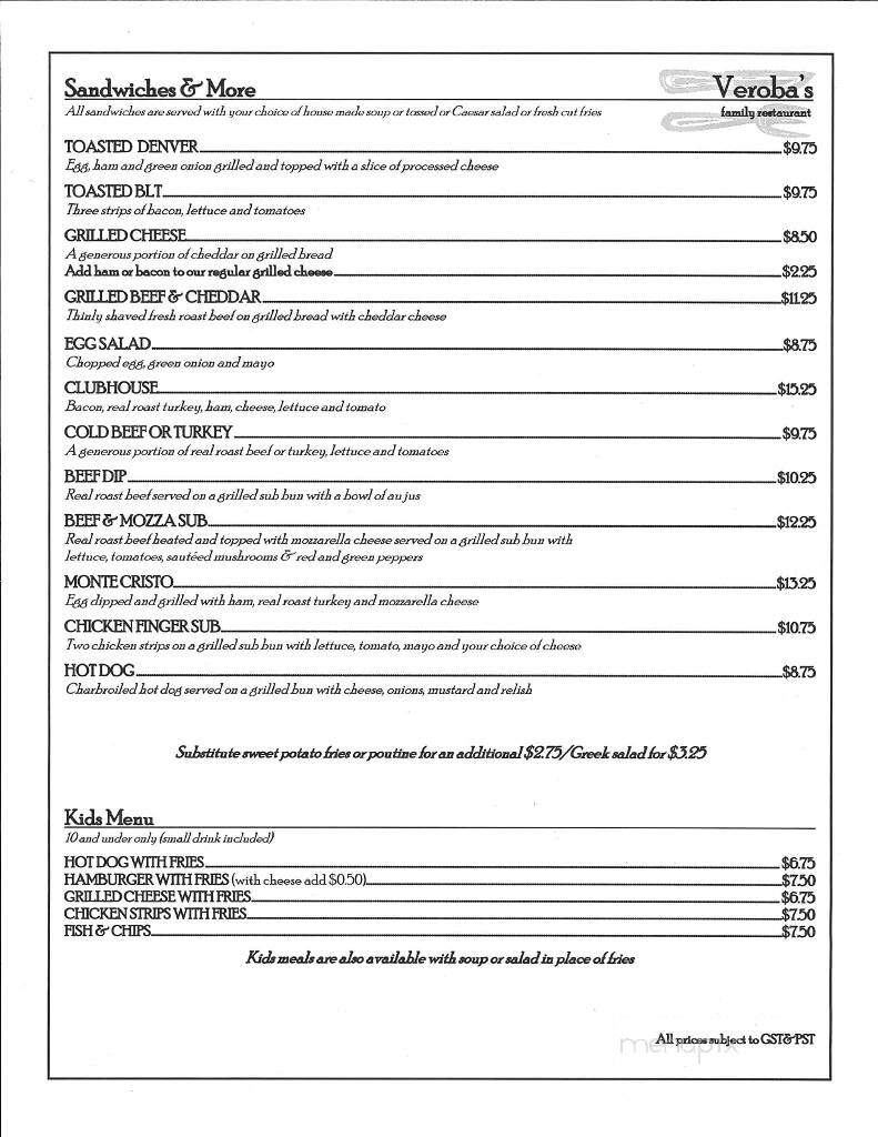 Veroba's Family Restaurant - Moose Jaw, SK menu_pic