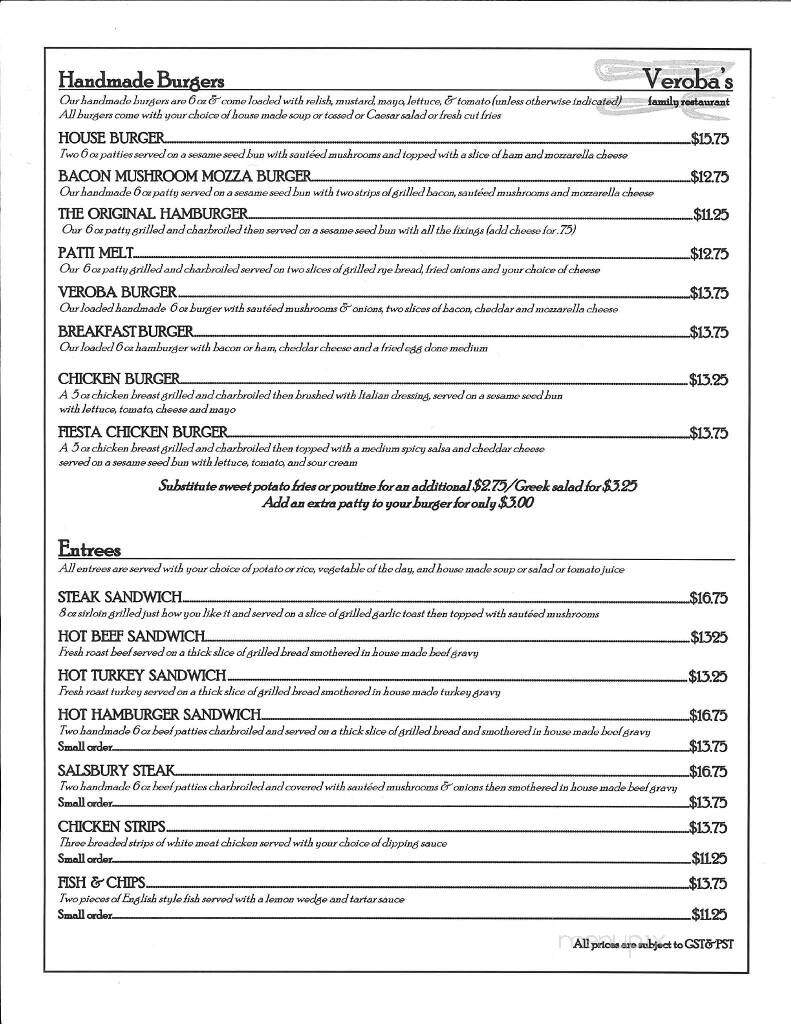 Veroba's Family Restaurant - Moose Jaw, SK menu_pic