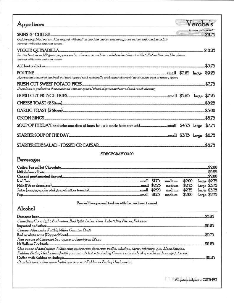 Veroba's Family Restaurant - Moose Jaw, SK menu_pic