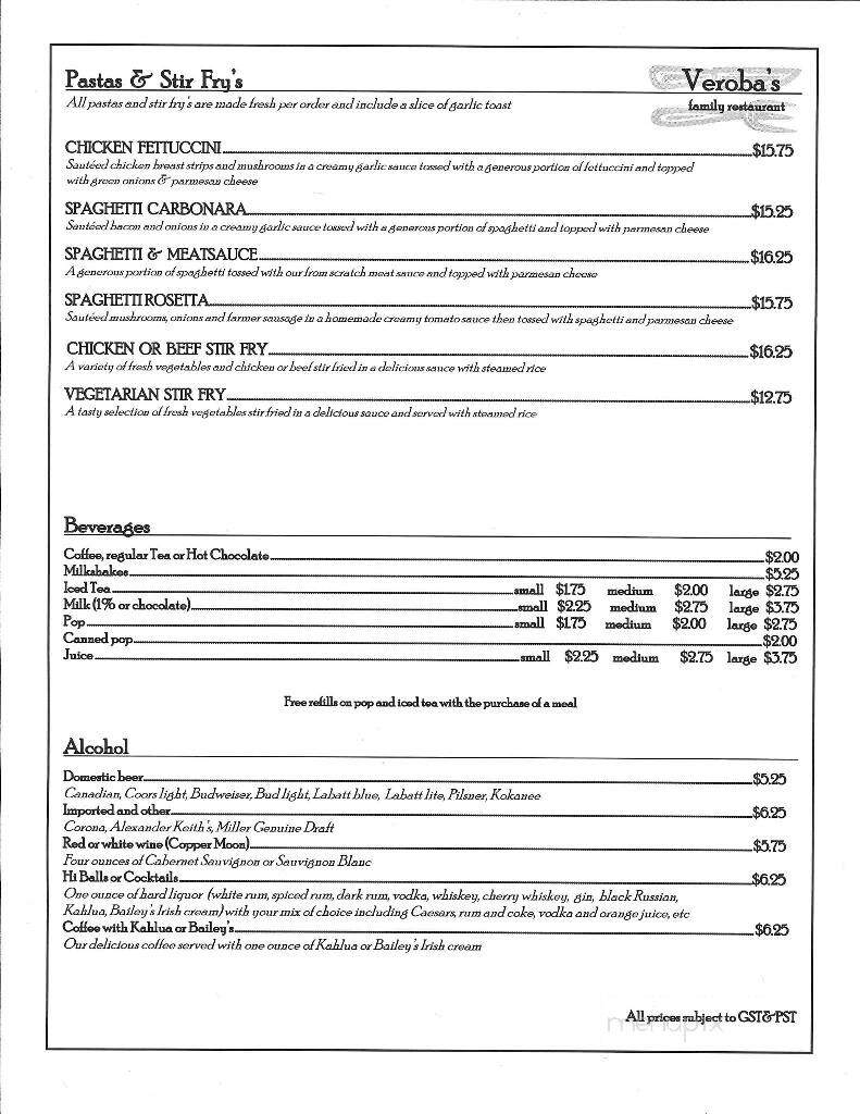Veroba's Family Restaurant - Moose Jaw, SK menu_pic