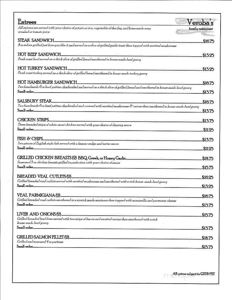 Veroba's Family Restaurant - Moose Jaw, SK menu_pic