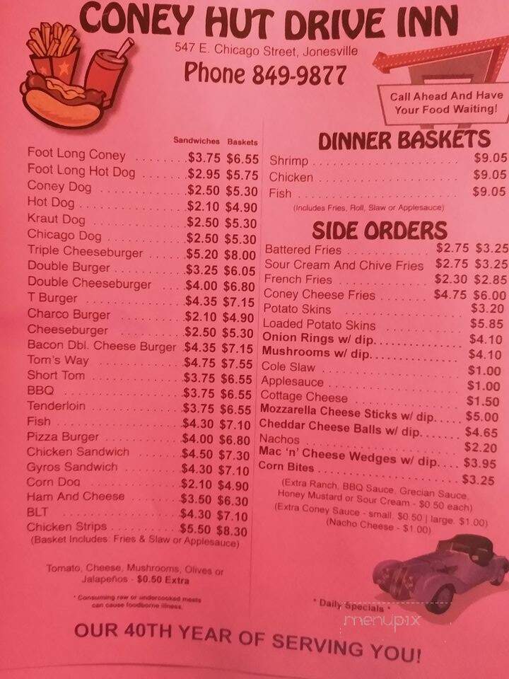 Coney Hut Drive Inn - Jonesville, MI menu_pic