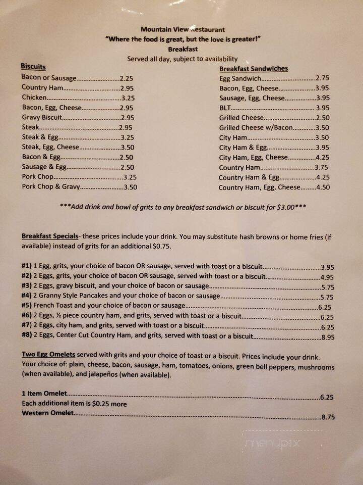 Mountain View Restaurant - Walhalla, SC menu_pic