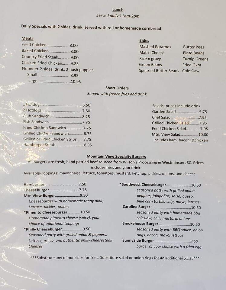 Mountain View Restaurant - Walhalla, SC menu_pic