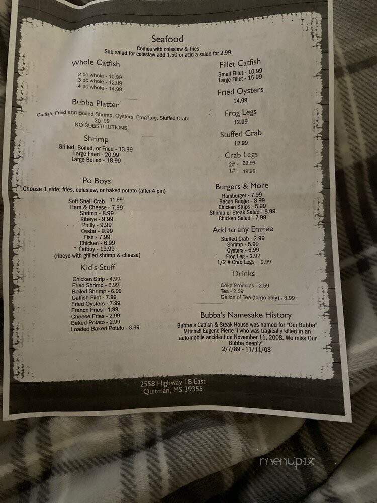 Bubba's Catfish And Steakhouse - Quitman, MS menu_pic