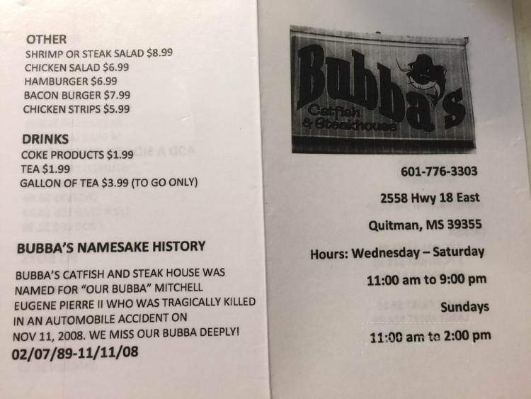 Bubba's Catfish And Steakhouse - Quitman, MS menu_pic