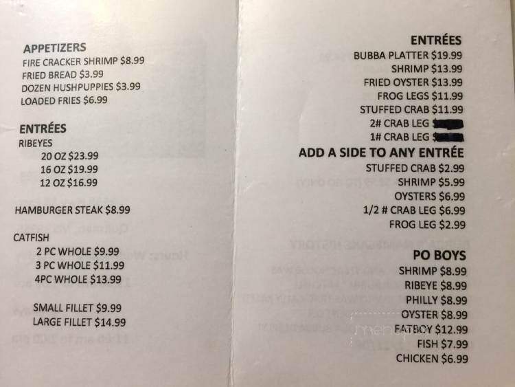 Bubba's Catfish And Steakhouse - Quitman, MS menu_pic