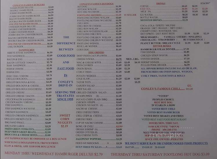 Conley's Drive-In Restaurants - Middlesboro, KY menu_pic