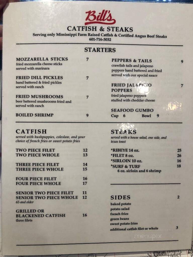Menu of Bill's Catfish & Steaks in Wiggins, MS 39577