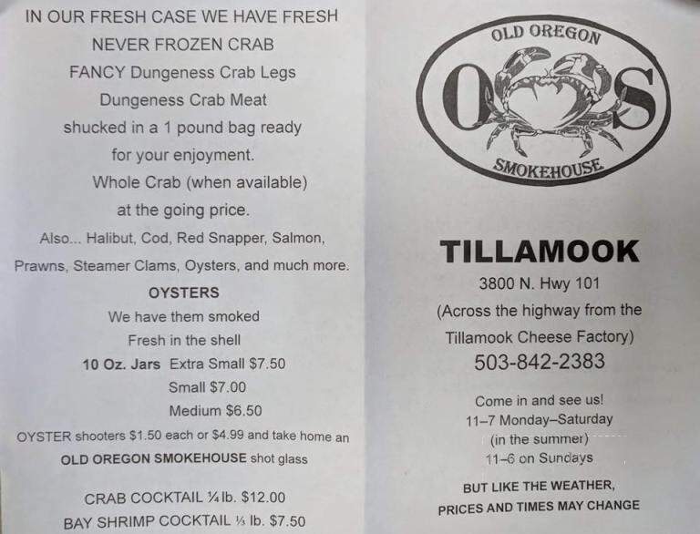 Old Oregon Smokehouse - Tillamook, OR menu_pic