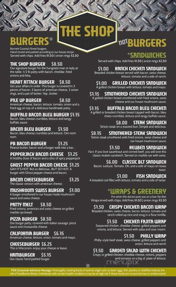 Shop Bar & Grill - Webster, WI menu_pic