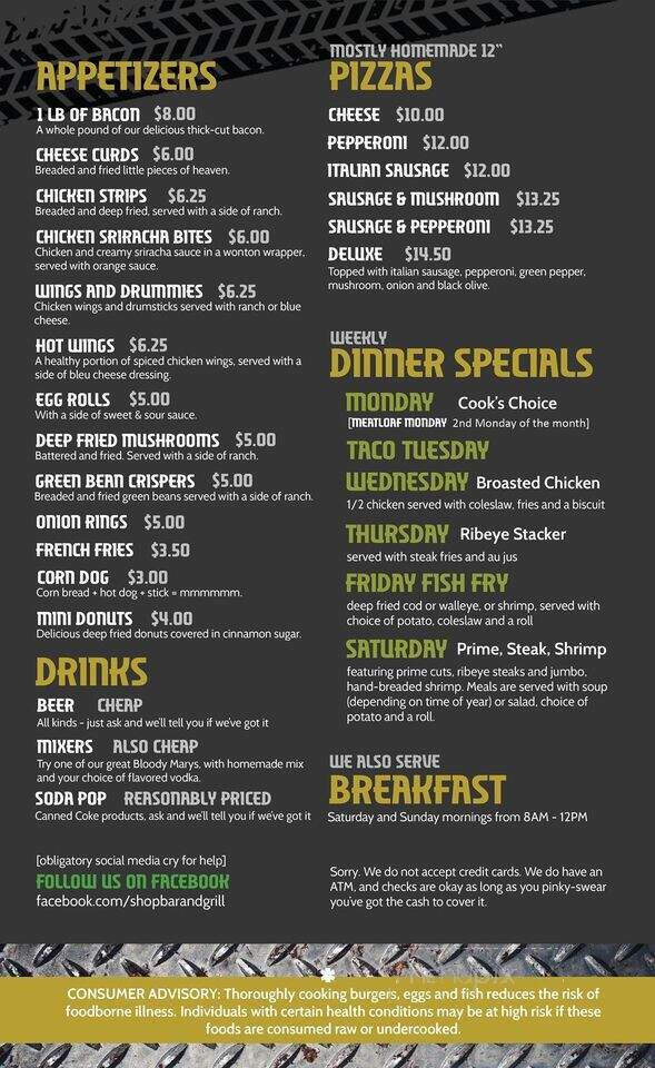 Shop Bar & Grill - Webster, WI menu_pic