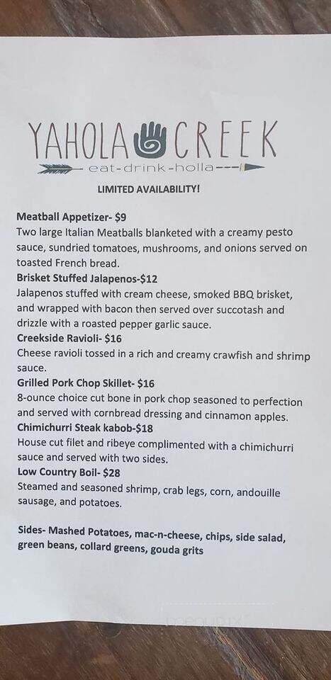 Yahola Creek - Flovilla, GA menu_pic
