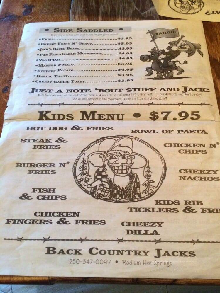 Back Country Jacks Restaurant - Radium Hot Springs, BC menu_pic