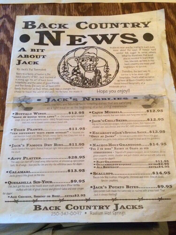 Back Country Jacks Restaurant - Radium Hot Springs, BC menu_pic