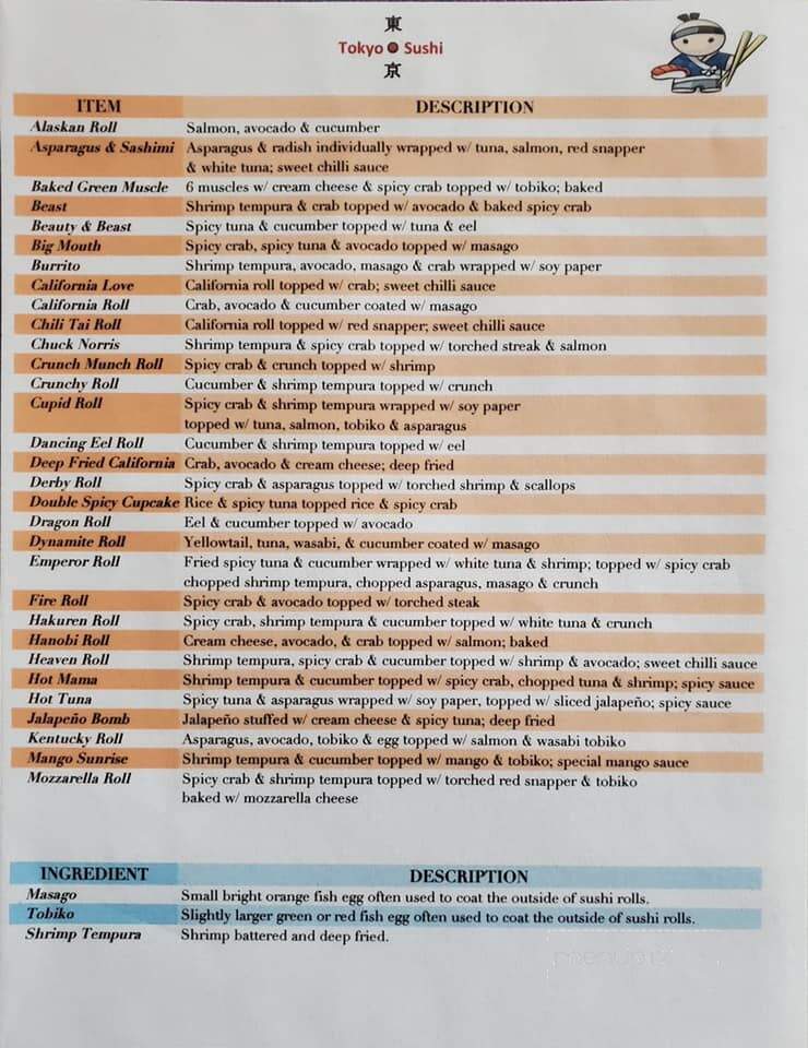 Tokyo Sushi - Paducah, KY menu_pic