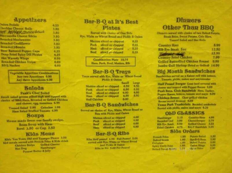Peak Brothers Bar-B-Que Restaurant - Waverly, KY menu_pic